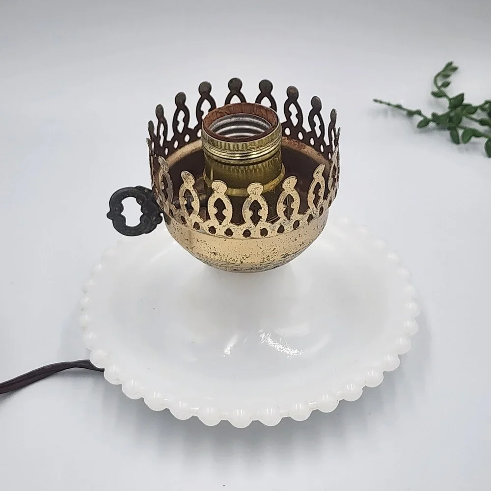 Leviton Vintage Christmas Hurricane Lamp Milk Glass Hobnail Frosted Holly Bow